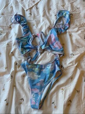 Sugar Thrillz Blue & Pink Cloud Print Tie-Front Bikini